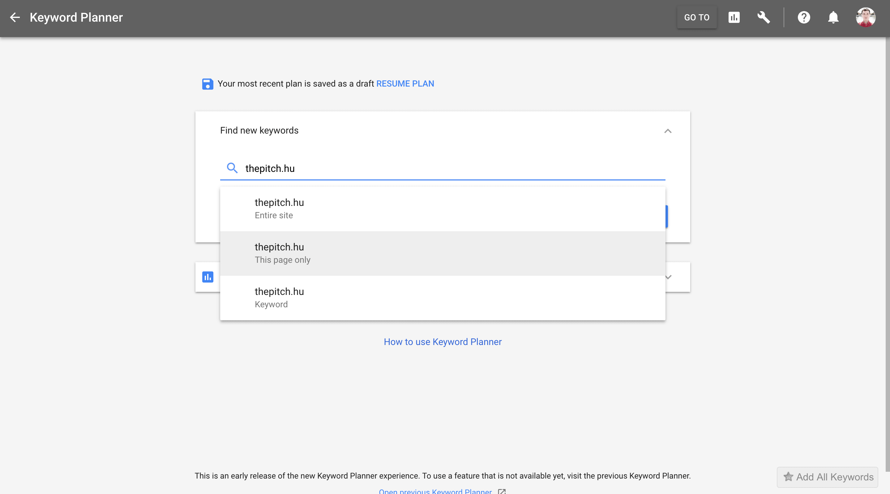 Google Keyword Planner felület