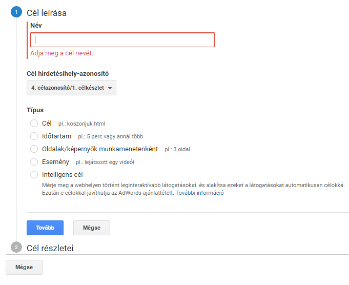 Google analytics cél beállítás