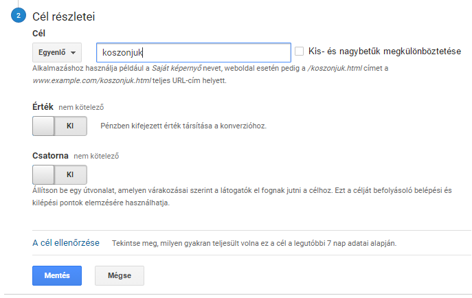 Google analytics cél beállítás2