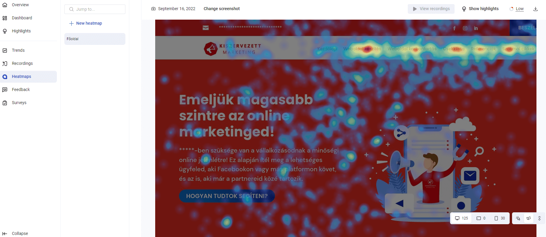 Egérmutató mozgása alapján készült Hotjar hőtérkép